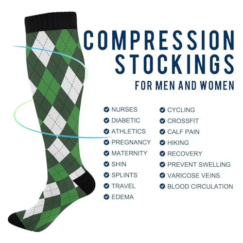 JUNZAN Buffalo Plaid Red Black Knee High Socks Compression Socks for Women Men Kid for Running Sports Nurse - color: Argyle Plaid Green St. Patrick's Day