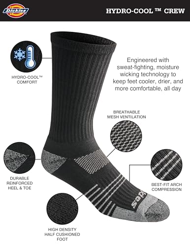 Dickies Men's HYDRO-COOL Moisture Control Crew Socks (6 Pairs) - color: Black (6 Pairs)
