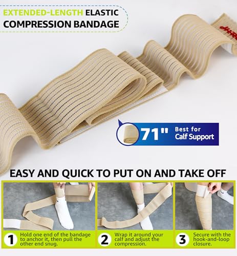 HiRui Calf Compression Wraps, 71" Adjustable Elastic Bandage Sleeves, Lower Leg Calf Support for Men & Women, Shin Splints Relief, Varicose Veins, Fitness, Running, Basketball, Soccer (1, Beige) - color: Beige