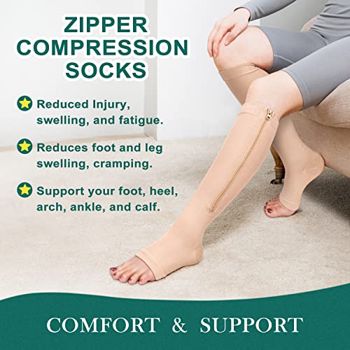 CTHH Zipper Compression Socks for Women and Men Toeless Knee High Stocking - color: Nude, size: Small-Medium