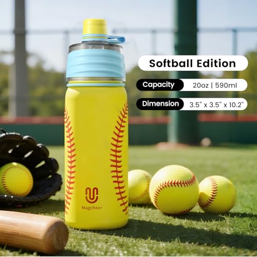 Softball Water Bottle - 20oz Insulated Misting Water Bottles Stainless Steel 3D Textured - Softball Accessories Gift for Kids - color: Softball