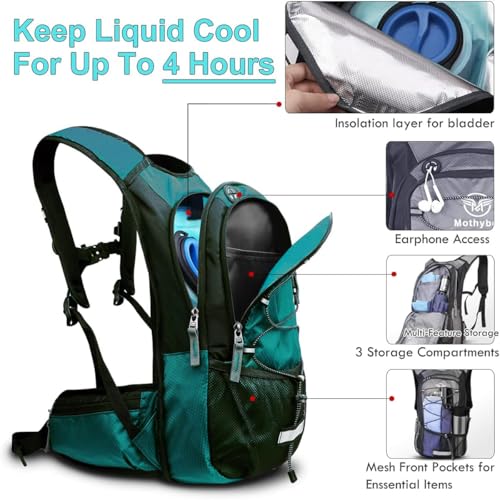 Mothybot Insulated Hydration Backpack Pack with 3L BPA Free Leak Proof Water Bladder, Large Storage Lightweight Hiking Daypack with Waist Pouches & Cooler Layer, for Running, Biking, Camping, Festival - color: Matte Emerald