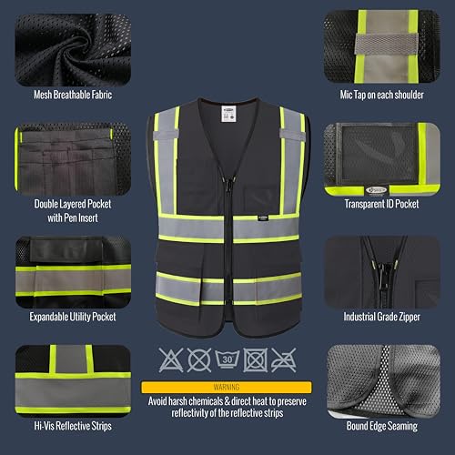 JKSafety Safety Vest for men women Hi Vis Vest with Pockets and Zipper High Visibility Reflective Vests BX320 - color: Black, size: 3X-Large