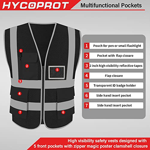 HYCOPROT High Visibility Mesh Safety Reflective Vest with Pockets and Zipper, Meets ANSI/ISEA Standards - color: Black, size: Medium