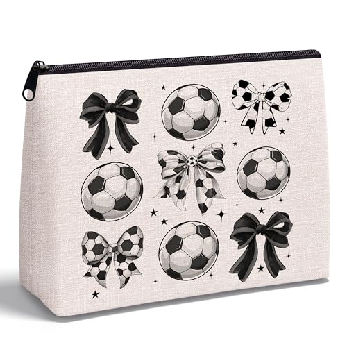 Soccer Gifts for Women — Bow Soccer Makeup Bag Cosmetic Bag Makeup Zipper Pouch - color: Soccer