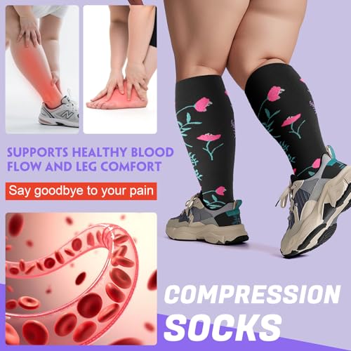 4 Pairs Plus Size Compression Socks,Extra Wide Calf 20-30 mmHg Knee High Compression Socks for Men Women Circulation - color: 06-white Flower, size: XX-Large