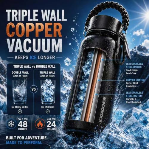 KXIAOCHEN Insulated Water Bottle with Strap, 48-Hour Cold, 2 Lids - color: Black, size: 32 Ounces