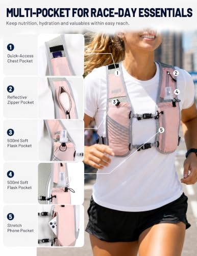 MIER Running Hydration Vest for Women Men, 500ml Soft Flask & Phone Holder - color: Pink, size: XSmall/Small