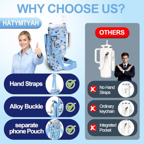Water Bottle Carrier Bag for Stanley Cup 40oz/30oz with Phone Pocket, Neoprene Water Bottle Holder with Adjustable Shoulder & Handle Strap, Stanley Cup Accessories for Walking Travel Gym - color: Blueberries