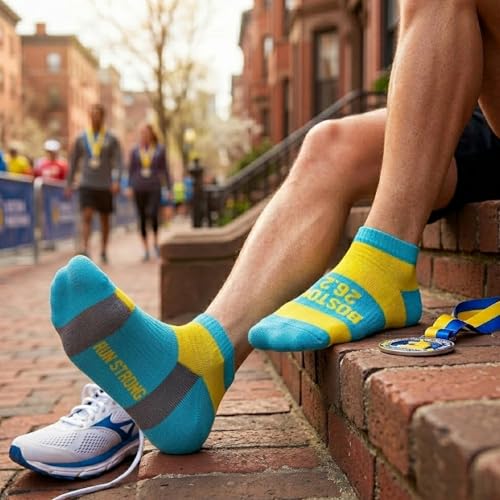 Gone For a Run Motivational Ankle Running Socks - Affirmation Runners Gifts - color: Boston 26.2 (Blue/Yellow)