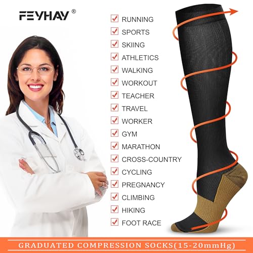 FEYHAY Copper Compression Socks (8 Pairs) 15-20 mmHg Circulation is Best Athletic & Daily for Men & Women, Running, Climbing - color: 02 Black/Beige/White, size: Small-Medium
