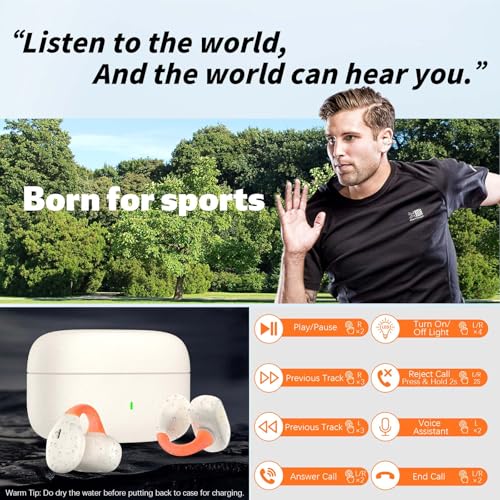 TOPAUX Open Ear Wireless Earbuds Secure Clip Sports Headset White