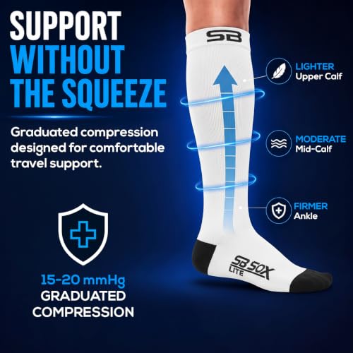 SB SOX Lite Compression Socks for Flying (15–20 mmHg) - color: White/Black, size: L/XL
