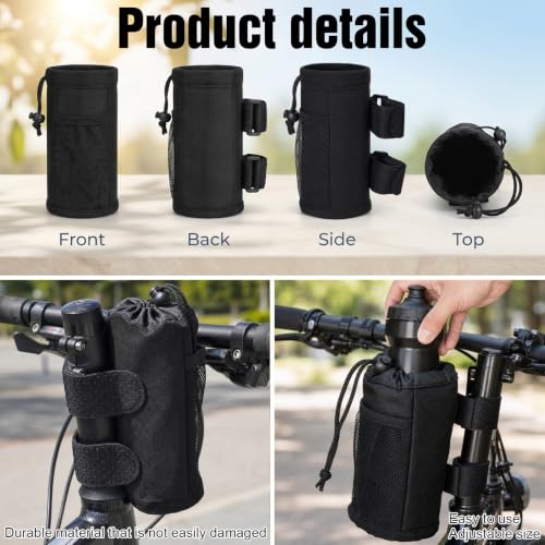 Bike Water Bottle Holder for Handlebar, Bike Cup Holder with Mesh Pockets and Removable Strap, Bicycle Water Bottle Drink Holders for Scooter Wheelchair Mountain Bikes E-Bike Road Bikes