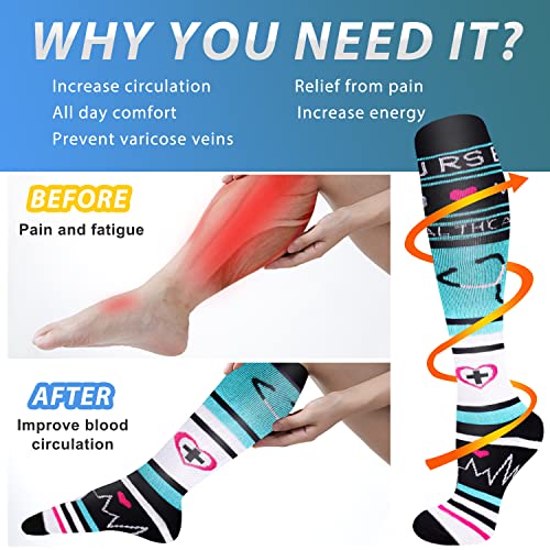 Aoliks 6 Pairs Compression Socks for Women & Nurses, Flying Knee High Socks - color: 02 Blue/Black, size: Small-Medium