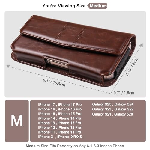 Phone Holster Compatible with iPhone 16 15 14 13 12 and Pro, Galaxy S25 S24 S23 S22 S21 S20, Leather Phone Pouch with Metal Belt Clip, M-Coffee - color: Coffee, size: Medium
