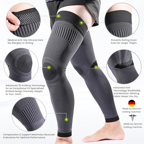 MGANG Full Leg Compression Sleeves, Knee Braces for Joint Pain Relief - color: Gray-black, size: XX-Large