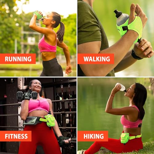 2-in-1 Running Fun: Handheld 12 Oz Water Bottle & Running Belt Add-On. No-Grip Design Straps on Hand & Slides on Belt. Waterproof Pocket for Money, Keys. Maximize Time, Freedom & Health - color: Electric Lime