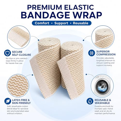 3" Elastic Bandage Wrap with Self-Closure, 2-Pack – 15 ft Stretched – Latex-Free, Reusable, Washable – Compression Support for Sprains, Injuries, Swelling, Sports Recovery - size: 3"