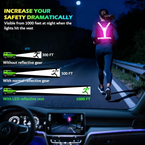 Led Light Up Running Vest Reflective Vest for runners night walking, Rechargeable Reflective Running Vest High Visibility - color: Pink