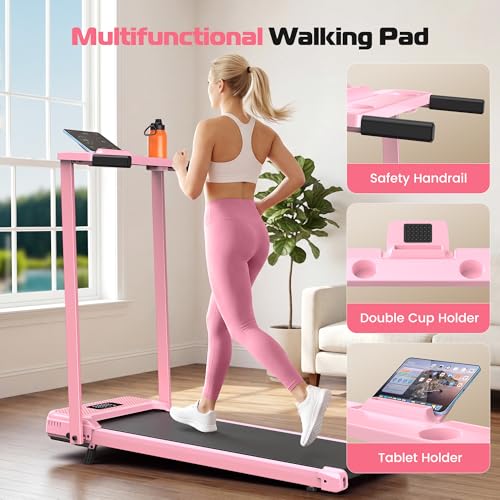 ANCHEER Incline Walking Pad with Handle Bar, Foldable Treadmill-Home/Office - color: Pink