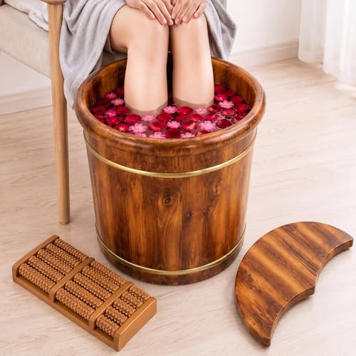Geelin 15.75" Wooden Foot Bath Bucket with Lid & Massage Roller