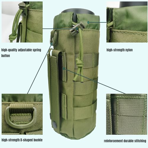 Tactical MOLLE Water Bottle Holder, Upgraded Water Bottle Pouch with Drawstring Open Top & Mesh Bottom, 16/24/25/32oz Water Bottle Carrier Bag with D-Ring Hook for Backpack - color: Green