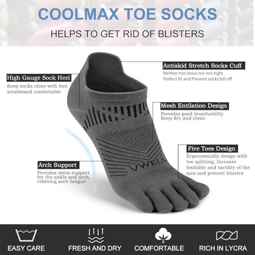 VWELL Toe Socks for Men Women COOLMAX Athletic Running Ankle Socks (3Pairs) - color: Grey, size: Medium