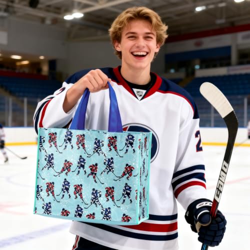 WRAPAHOLIC Large Reusable Ice Hockey Gift Bag with Handles - 10 x 5 x 13 inch - Blue Ice Hockey Player Winter Sports Gift Bags for Birthday, Sports Party, Team Celebration