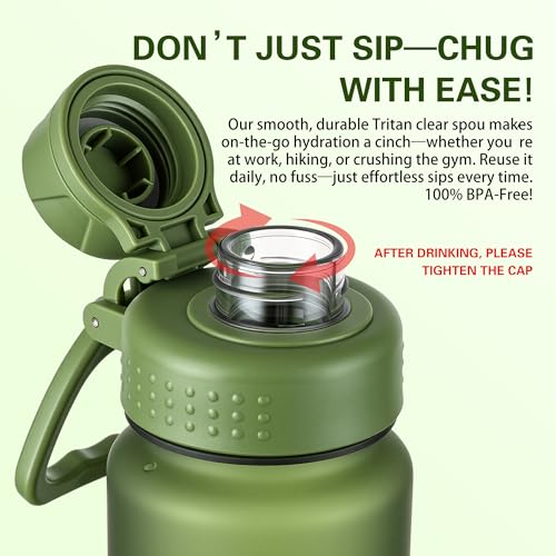 OLDLEY 32oz Water Bottle with Handle, BPA-Free Tritan Reusable Sports Water Bottle with Leak-Proof Dust Lid, Wide Mouth, Cup Holder Friendly, Half Frosted Clear Bottle for Gym,Travel,Work,Olive Green - color: Olive Green