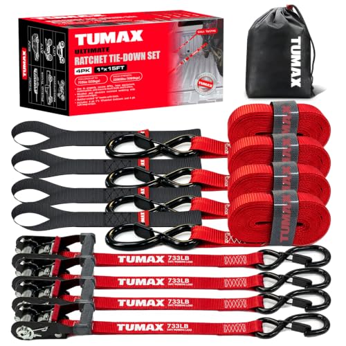 4Pcs Ratchet Tie Down Straps: 15FT 2200lb for Truck, Motorcycle & Cargo - size: 2200lbs-Red