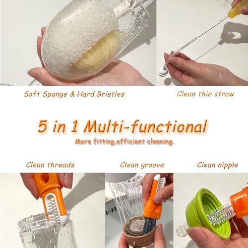 2 Pcs Water Bottle Brush Cleaner Set, 5 in one Bottle Cleaning Brush - color: Orange