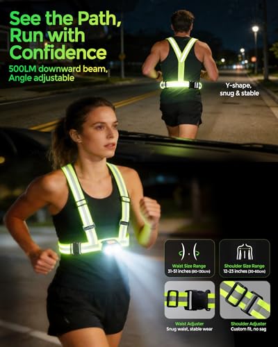 Running Lights for Runners, 500LM Rechargeable Chest Light with Hand-Wave Sensor, Hands-Free Night Running Light, IPX4 Waterproof, 45° Adjustable Beam for Jogging, Walking, Dog Walking
