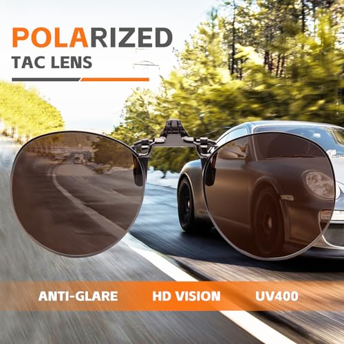 JO Polarized Clip-On Sunglasses UV400 Anti-Glare Lenses with Metal Frame Round - color: Brown, size: 52 mm