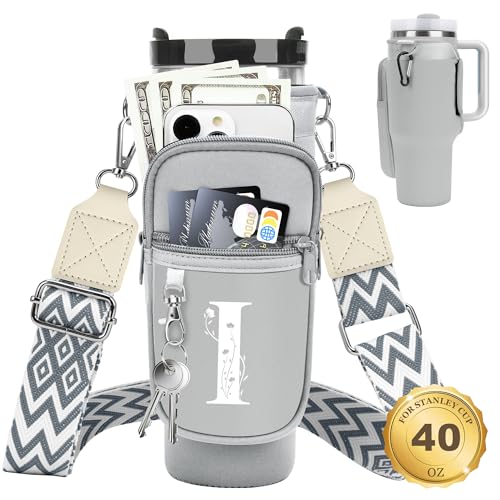 Initial Water Bottle Holder with Strap for Stanley Cup 40 oz Tumbler - color: Gray, style: I