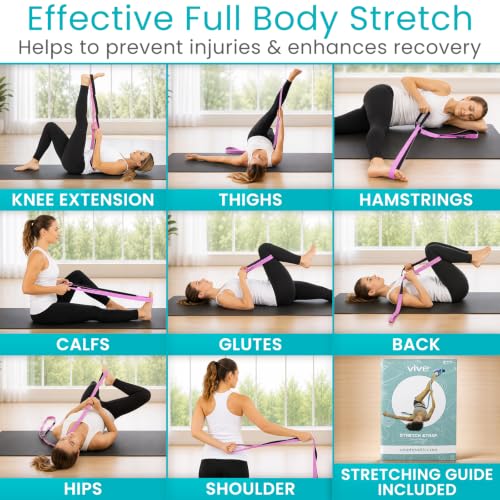 Vive Stretch Strap (75" - 10 Loops) - Leg Stretch Band to Improve Flexibility - Stretching Out Yoga Strap - Exercise and Physical Therapy Belt for Rehab, Pilates and Gymnastics with Guide Book - color: Pink