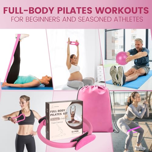 Pilates Kit for Women 13PCS, Pilates Ring Ball Resistance Bands Workout Set - color: Pink