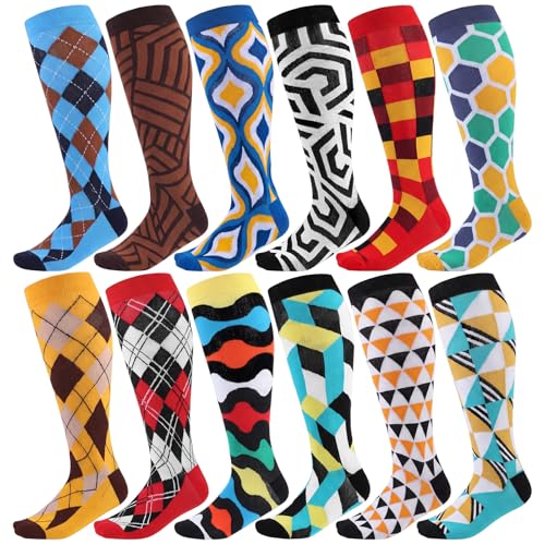 Shyyween 12 Pairs Men Knee High Compression Socks - size: Large, style: Geometric Texture