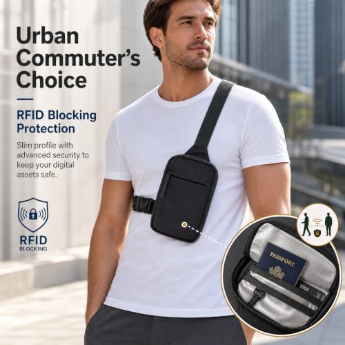 Simptech Crossbody Sling Bag - RFID Blocking Anti-Theft Chest Pack - 500D Nylon Fanny Pack, Hidden Pocket & Cut-Resistant Strap for Running, Travel & Everyday Workout - color: Black Plus