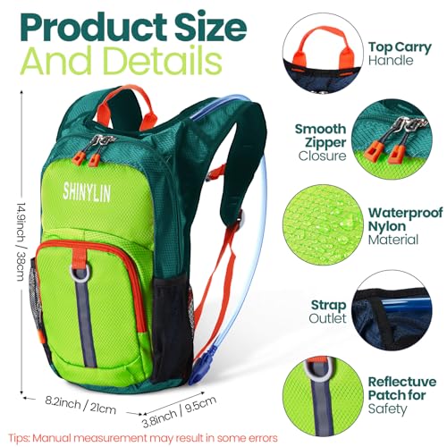 Shinylin Kids Hydration Backpack with 1.5L Water Bladder Hiking Backpack Lightweight for Boys or Girls Children Biking Climbing Running Cycling - color: Fluorescent Green, style: Classic
