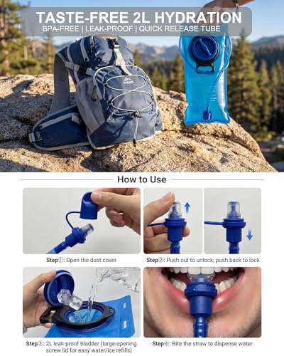 VPBAGE Hydration Backpack with 2L Bladder – Thermal Insulated Water Pack for Hiking, Skiing, Running – Lightweight Daypack for Men & Women, Soft-Lined Sunglasses Pocket & Large Waist Pockets - color: Navy Blue