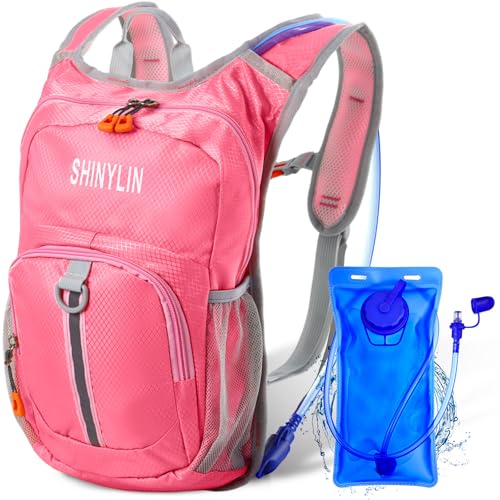 Shinylin Kids Hydration Backpack with 1.5L Water Bladder Hiking Backpack Lightweight for Boys or Girls Children Biking Climbing Running Cycling - color: Pink, style: Classic
