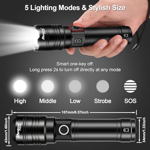PHIXTON Rechargeable Flashlight 100000 High Lumens Long Lasting 15H 6.57” - size: 1 Pack