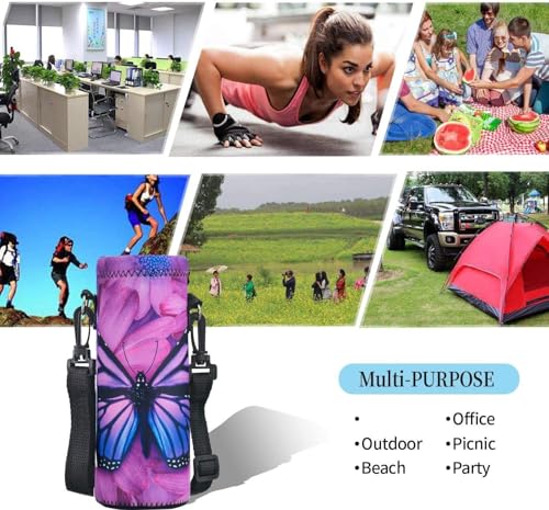 AUPET Water Bottle Sling Bag Carrier Crossbody Sleeve,Insulated Neoprene Bottle Case Holder Pouch Cover 500ML/17oz with Shoulder Strap for Walking Women Men - color: Purple Butterfly