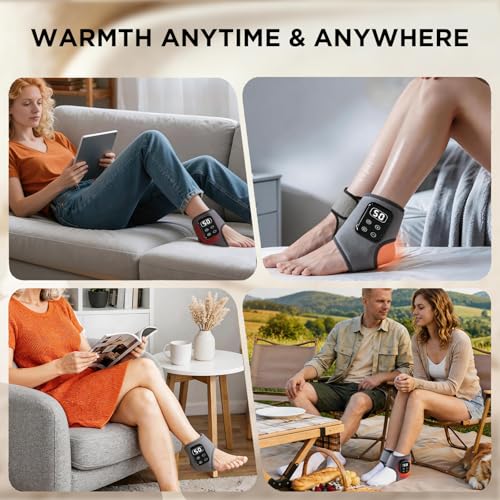 Foot Renew Massager for Neuropathy,4-in-1 Cordless & Portable Foot and Ankle Massager for Heel Warming Heating Pad Heated Brace Wrap With 5 Vibration Modes,4 Heat Levels,Portable for Home,2pcs,Grey