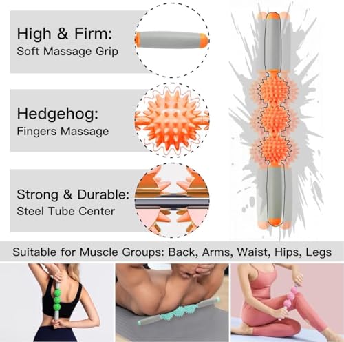 Fascia Muscle Roller, Cellulite Massager Fascia Roller for Cellulite and Sore Muscles, Neck, Leg, Back, Pressure Trigger Point Body Roller Deep Tissue Massage Stick Tools - 3 Massage Balls - color: Orange