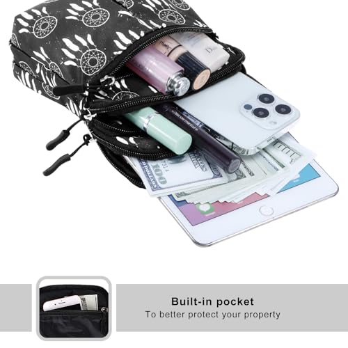 KAMO Multifunction Phone Waist Bag - Diagonal Cross Body Smart Phone Case Outdoor Bag with Triple Zip for Women & Men - color: Black-Circle flower