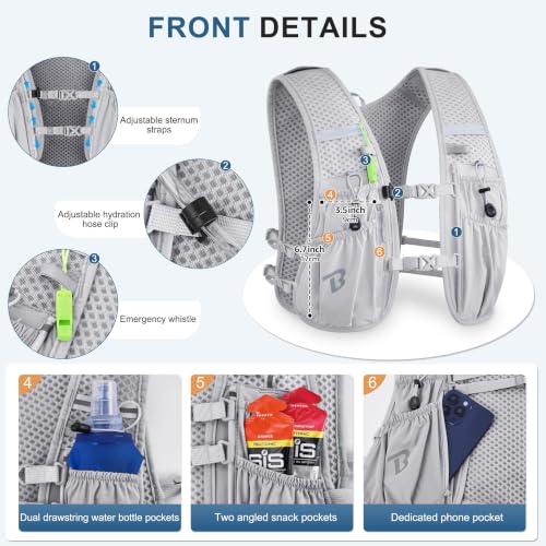 BECOJADDE Running Vest for Women Men, 5L/6L Lightweight Hydration Backpack Running Pack for Marathon, Trail, Cycling, Hiking, Jogging - color: Gray
