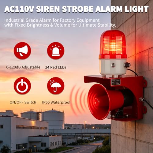 AC110V Industrial Siren Alarm Strobe Light-120dB Loud Horn&Waterproof Red Beacon Warning Light for Emergency,Factory,Fires,Tornado,Intruder Deterrent (AC110V Red Light (Switch,0-120dB)) - style: AC110V Red Light (Switch,0-120dB)