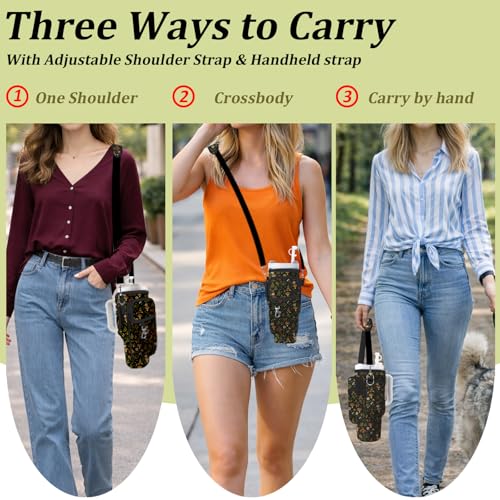 Water Bottle Carrier Bag for Stanley 40/30oz Cup Tumbler with Phone Pocket,Insulated Crossbody Water Bottle Holder with Adjustable Strap,Water Bottle Sling Pouch for Hiking Walking Camping Accessories - color: Mushroom Butterfly Flowers